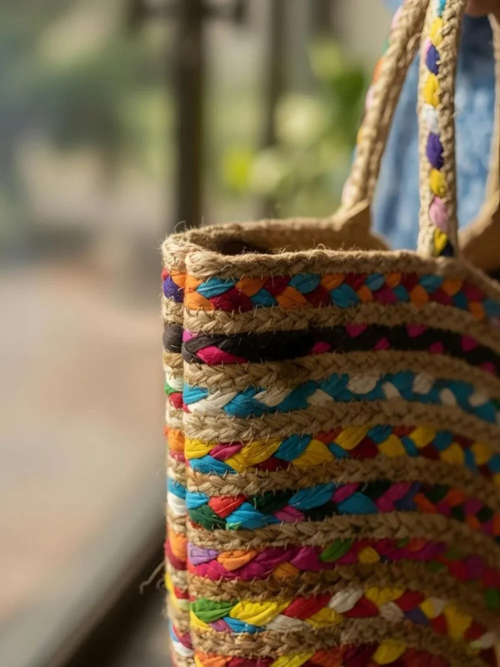 Boho Beach Tote Bag - Handmade Jute & Cotton Bucket Handbag with Tassels